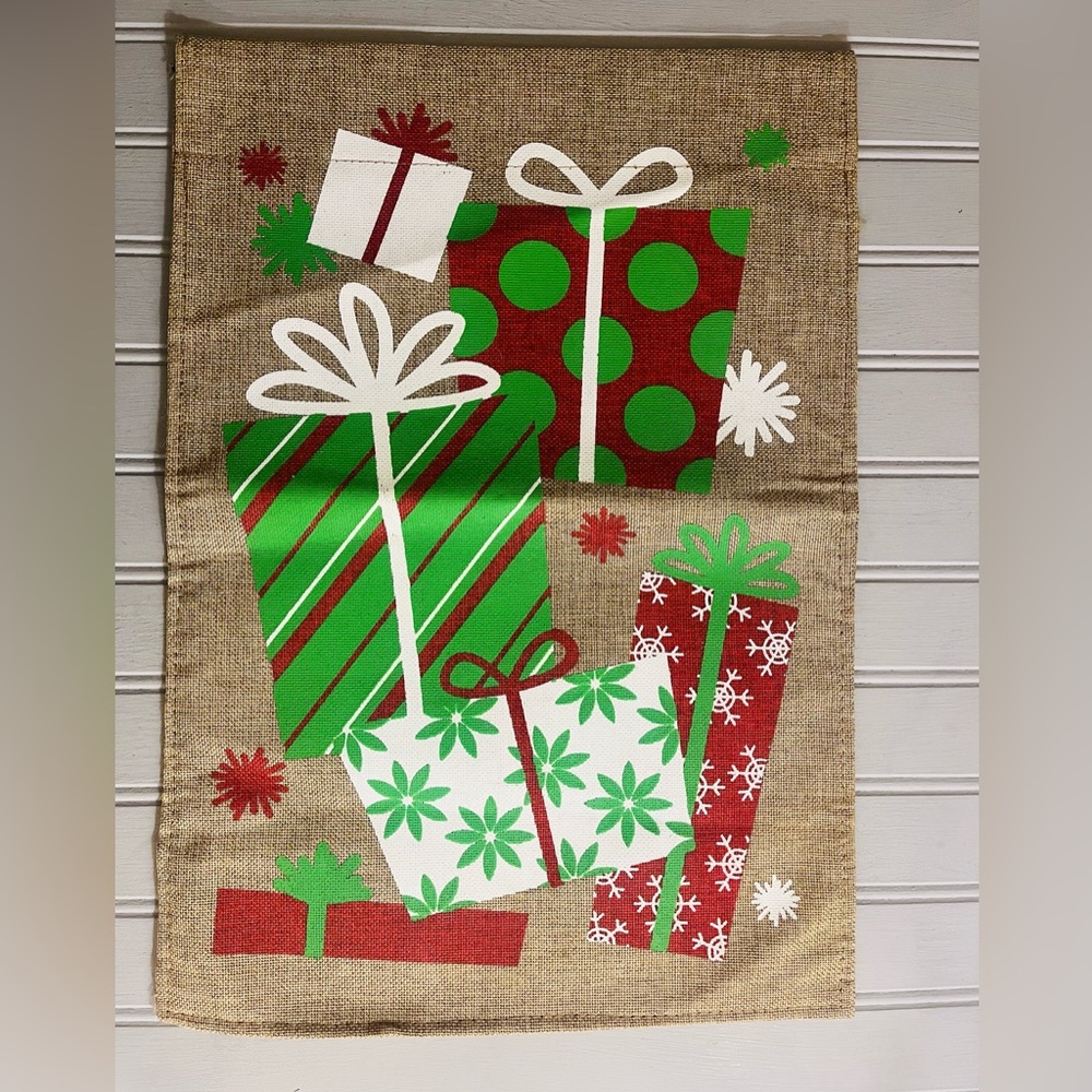 Festive Burlap Holiday Present Garden Flag Red Green Snowflakes Dots Stripes